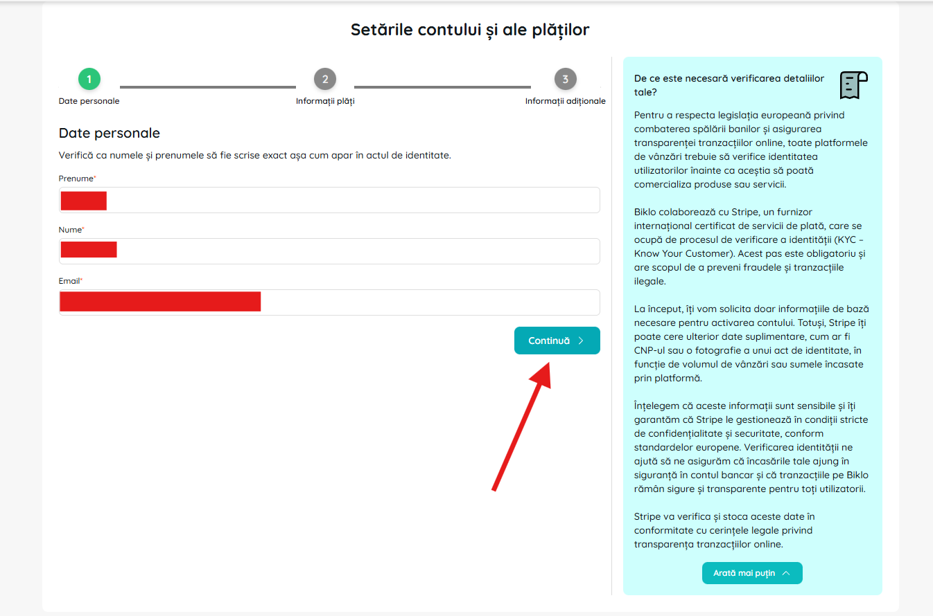 Személyes adatok kitöltése a Biklo pénzügyi számla létrehozási folyamatában