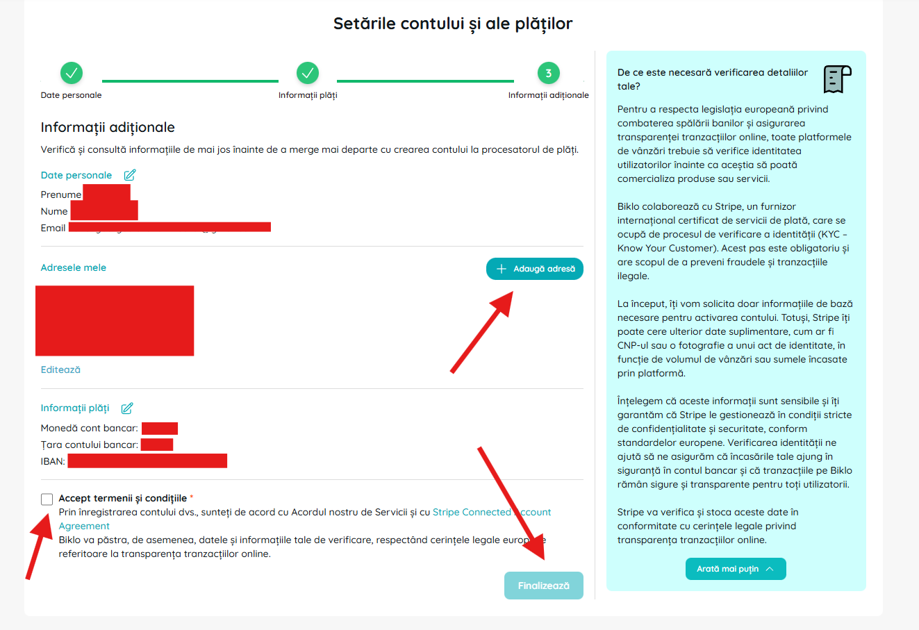 Kiegészítő információk és megállapodások kitöltése a Biklo pénzügyi számla létrehozási folyamatában
